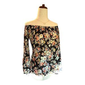 Free Press Top Women Medium Black Floral Off Shoulder Long Sleeve Romance Boho‎